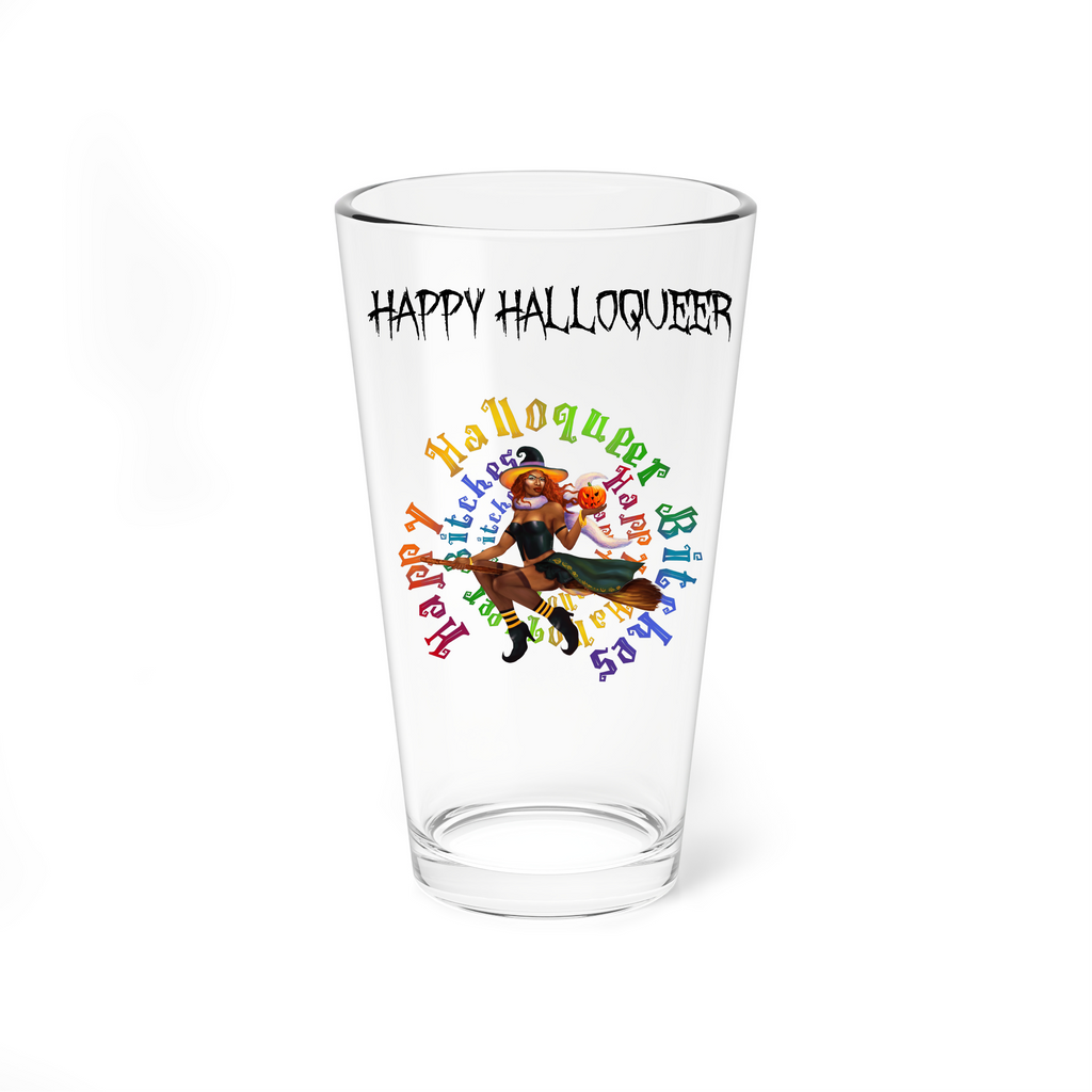 Halloween Drinking Water Pint Glass, 16oz , Happy HalloQueer  Black Bitche Printify