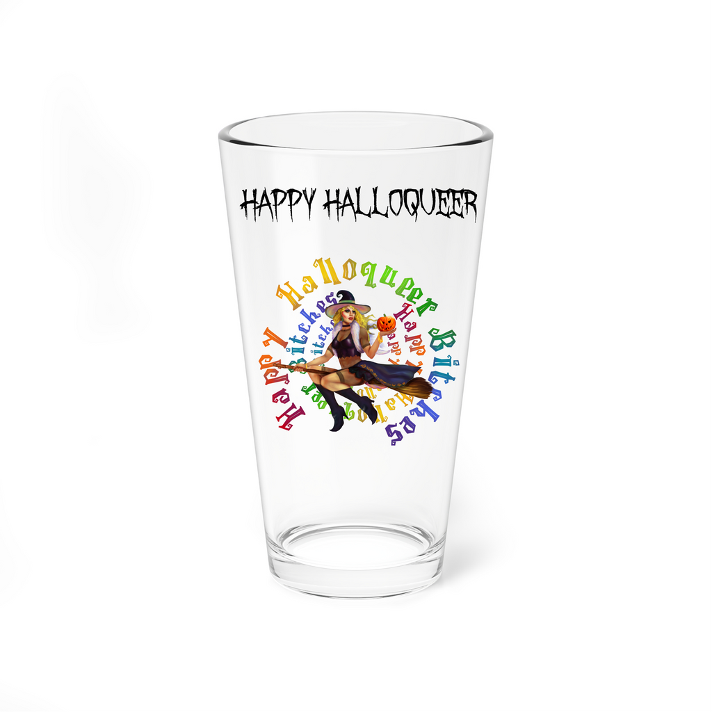 Halloween Drinking Water Pint Glass, 16oz , Happy HalloQueer  White Bitche Printify