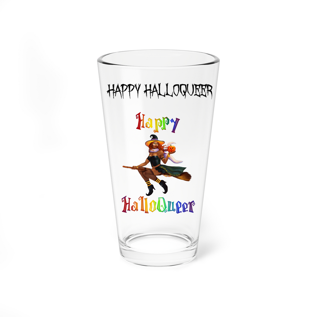 Halloween Drinking Water Pint Glass, 16oz , Happy HalloQueer Black Witch Printify