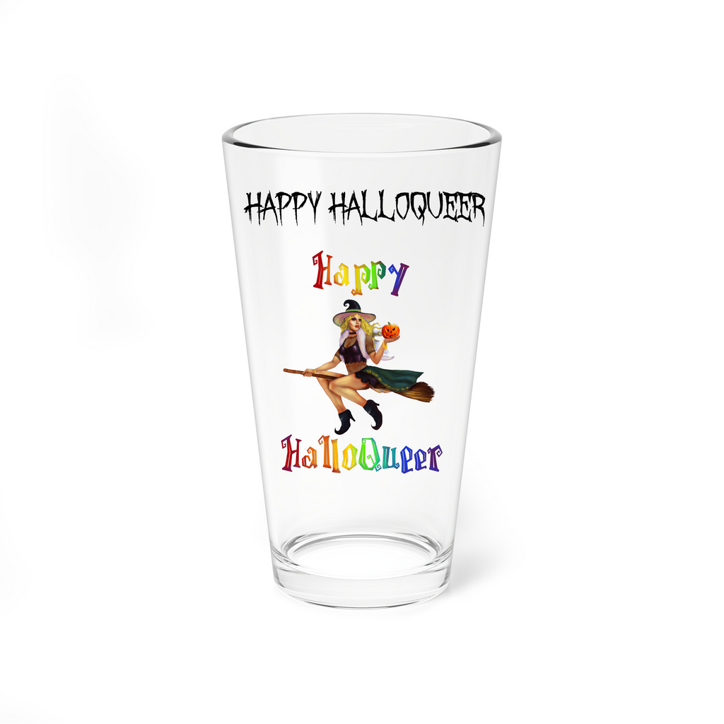 Halloween Drinking Water Pint Glass, 16oz , Happy HalloQueer White Witch Printify