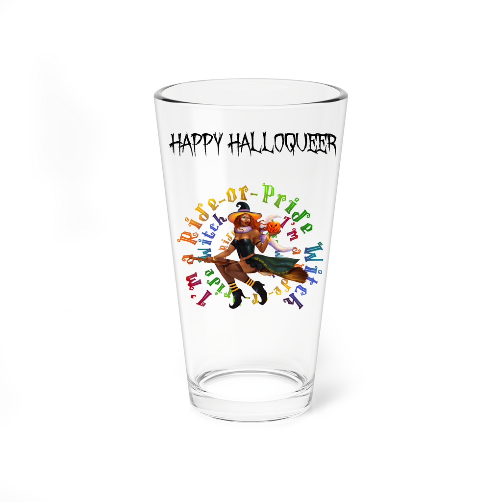 Halloween Drinking Water Pint Glass, 16oz , Happy Halloqueer , I m a ride or pride Black Witch Printify