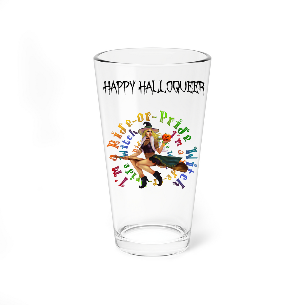 Halloween Drinking Water Pint Glass, 16oz , Happy Halloqueer , I m a ride or pride White Witch Printify