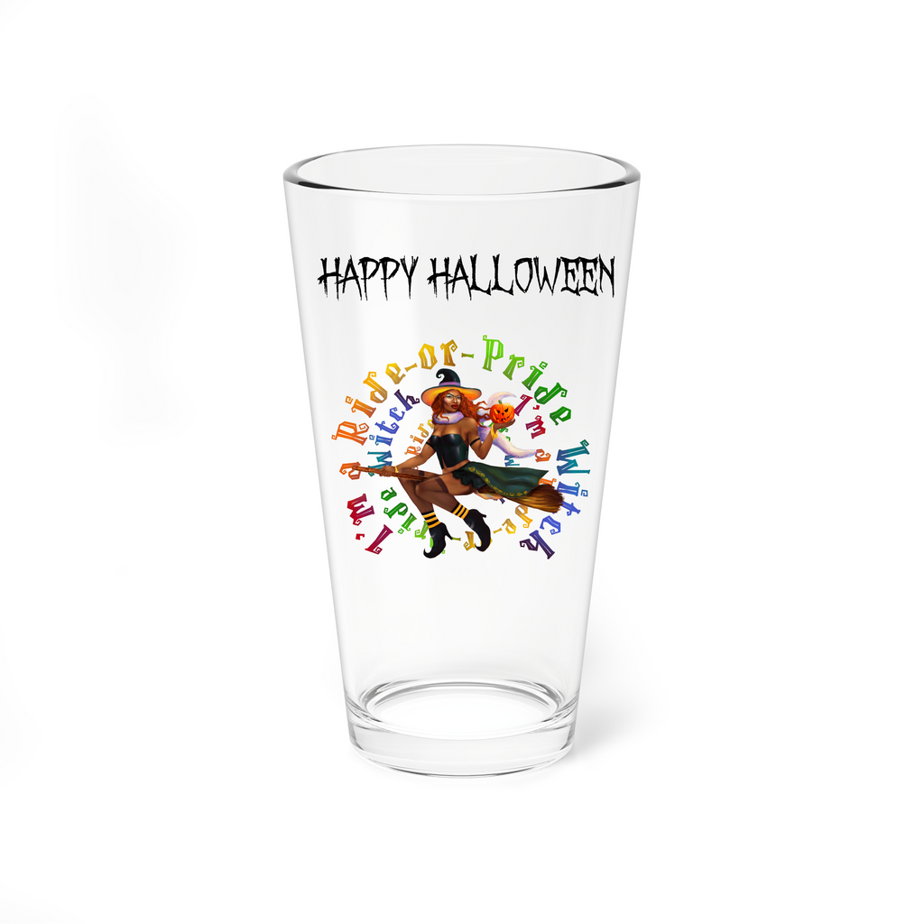 Halloween Drinking Water Pint Glass, 16oz , I m a ride or pride Black Witch Printify