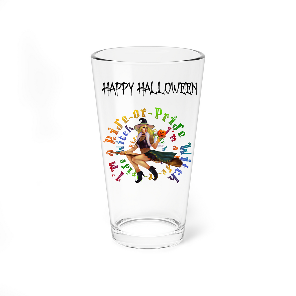 Halloween Drinking Water Pint Glass, 16oz , I m a ride or pride White Witch Printify