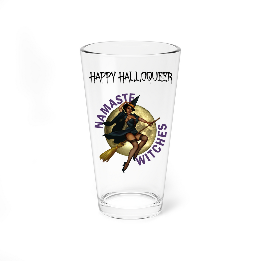 Halloween Drinking Water Pint Glass, 16oz , Happy Halloqueer , Namaste Witches Printify