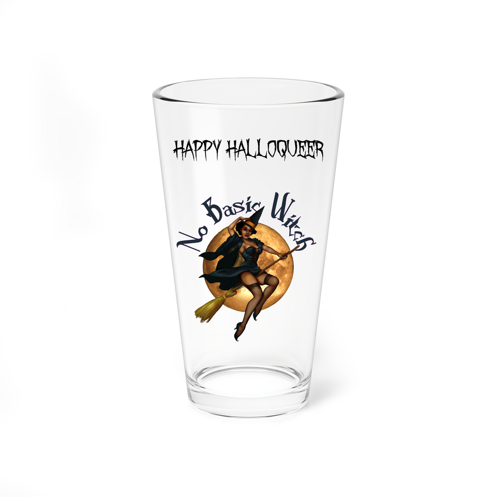 Halloween Drinking Water Pint Glass, 16oz ,Happy Halloqueer , No Basic Witches Printify