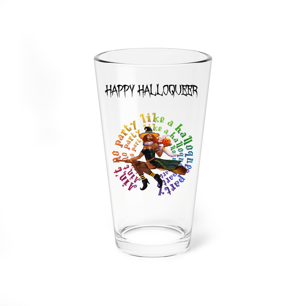 Halloween Drinking Water Pint Glass, 16oz ,Happy Halloqueer , No Party Black Witch Printify