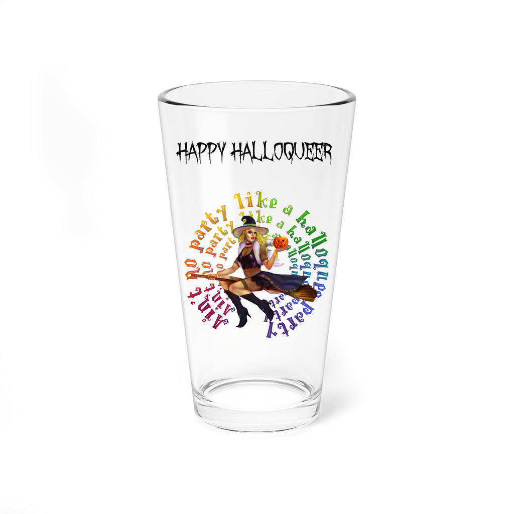 Halloween Drinking Water Pint Glass, 16oz , Happy Halloqueer , No Party White Witch Printify