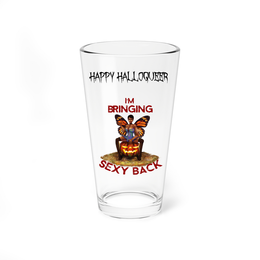 Halloween Drinking Water Pint Glass, 16oz , Happy Halloqueer, Sexy Back Printify