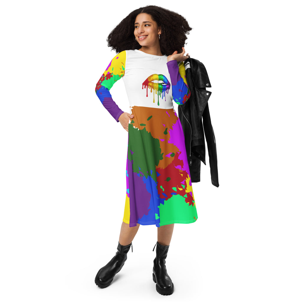 LGBTQIA+ Pride Flags Drips All-over print long sleeve midi dress - LGBTQ FLAGS SHAVA