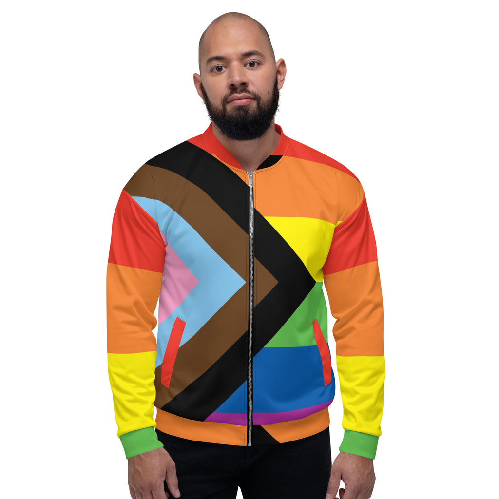 LGBTQ Pride FLags Unisex Bomber Jacket, Progress Pride Flag SHAVA