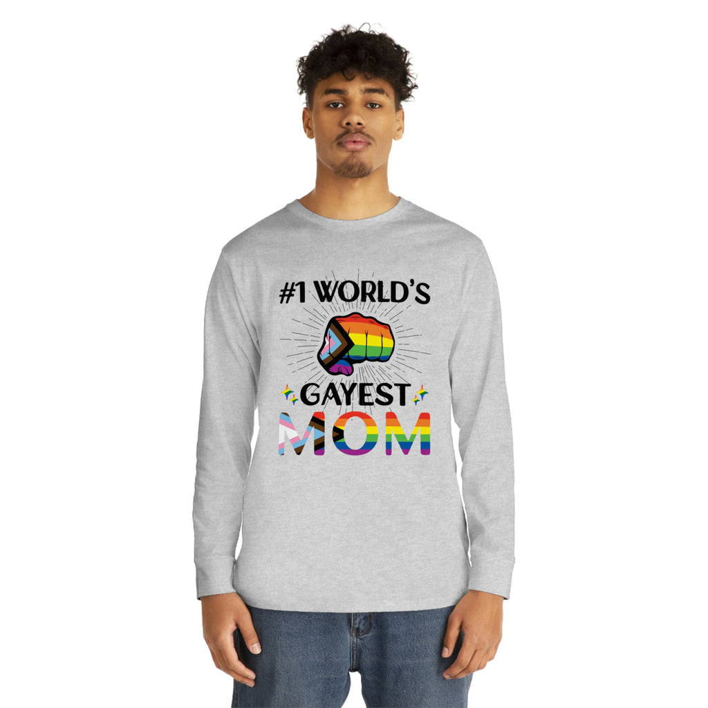 Progress Flag Long Sleeve Crewneck Tee - #1 World's Gayest Mom Printify