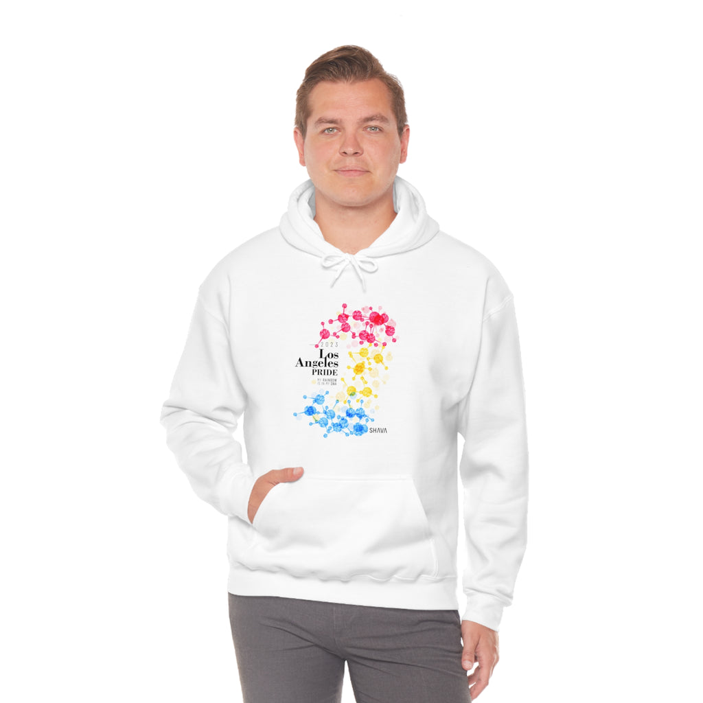 SHAVA CO Pansexual Flag 2023 Pride, Los Angeles Unisex Heavy Blend™ Hooded Sweatshirt - My Rainbow Is In My DNA Printify