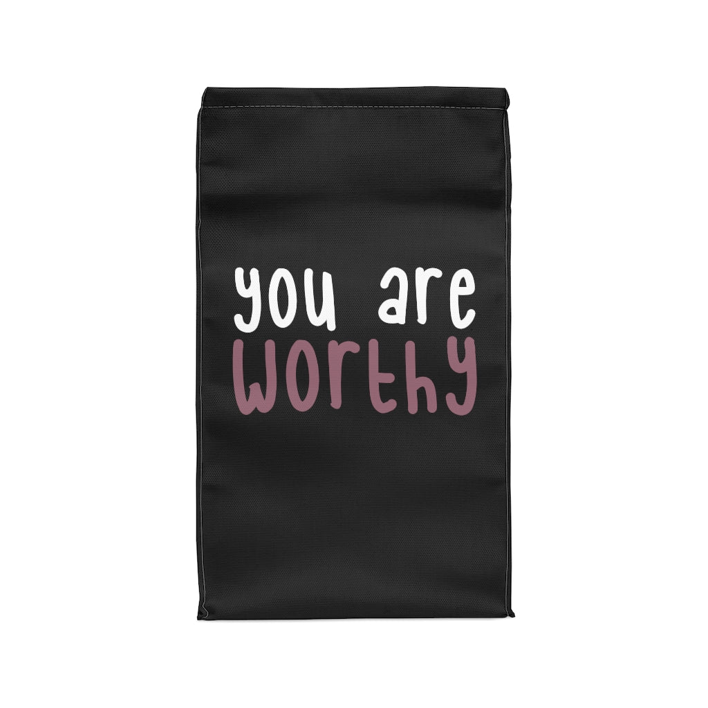 IAC  Home & Livings-Kitchen Accessories / Kitchen Accessories / Polyester Lunch Bag / I am worthy white with pink centered Printify