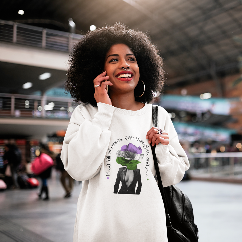 Gender Queer Flag LGBTQ Affirmation Crewneck Sweatshirt Unisex Size - Head Full Of Roses Printify