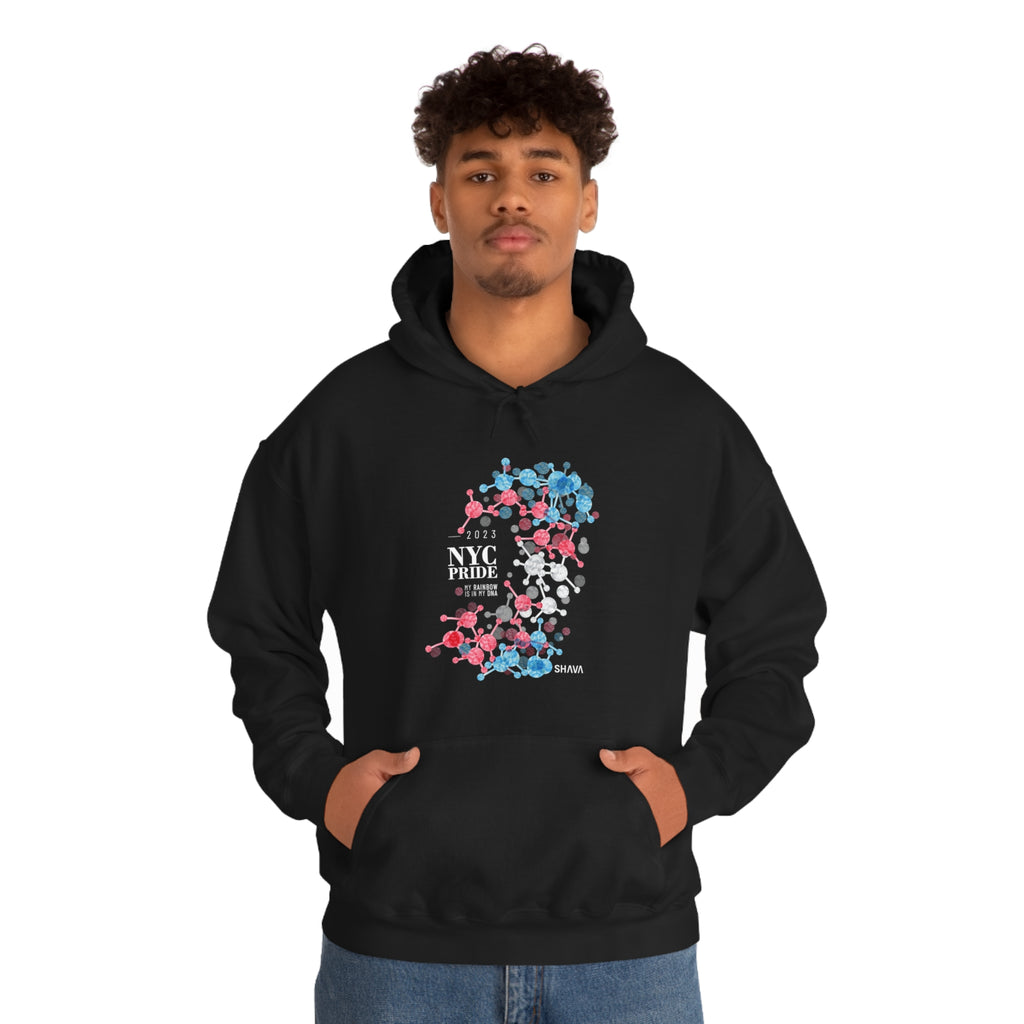 SHAVA CO Transgender Flag 2023 Pride, New York City Unisex Heavy Blend™ Hooded Sweatshirt - My Rainbow Is In My DNA SHAVA CO