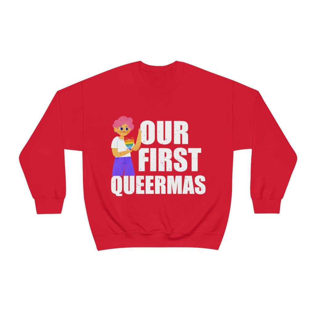 Unisex Christmas LGBTQ Heavy Blend Crewneck Sweatshirt - Our First Queermas Printify