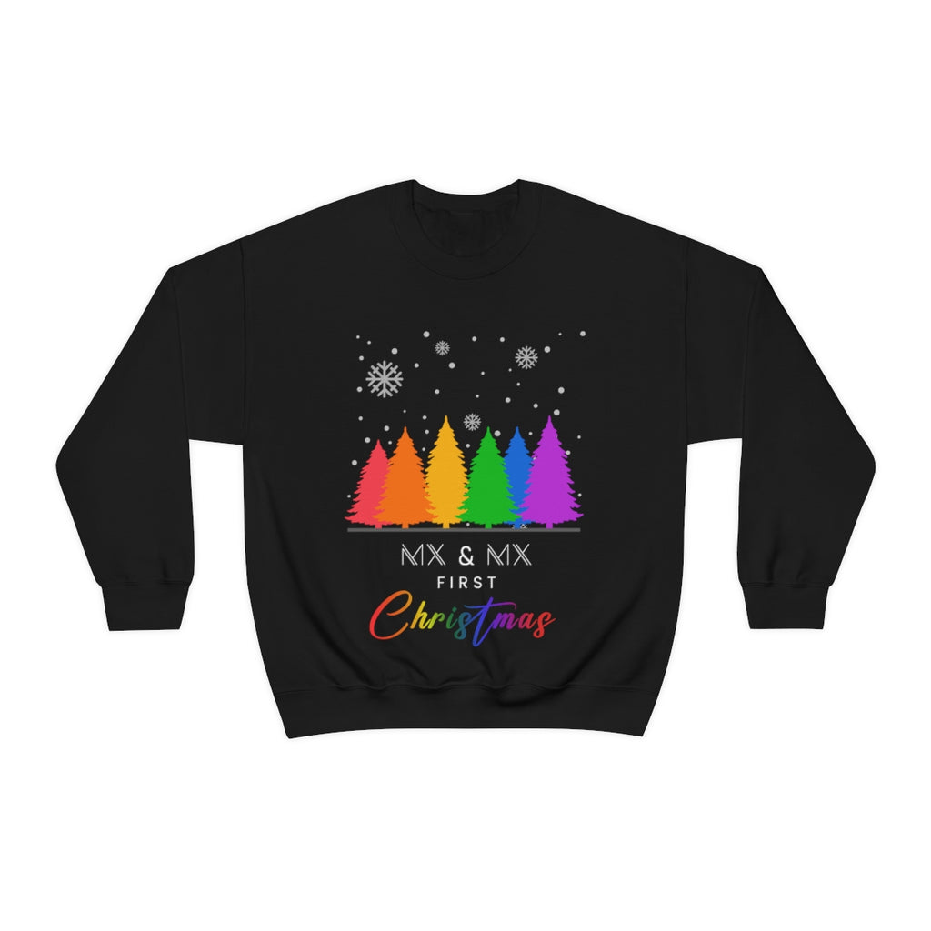 Unisex Christmas Rainbow Trees LGBTQ Heavy Blend Crewneck Sweatshirt - Mx & Mx First Christmas Printify