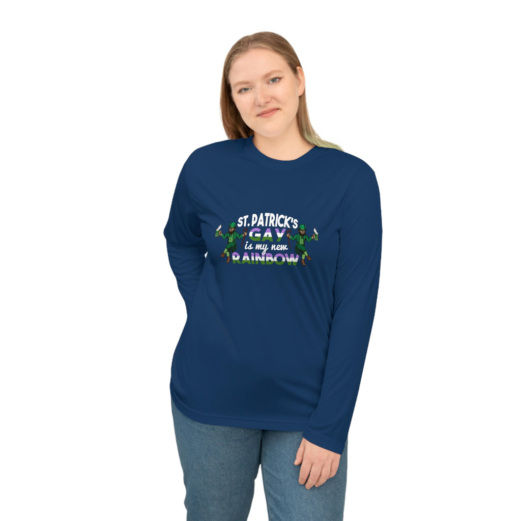 Genderqueer Flag Unisex Performance Long Sleeve Shirt - Saint Patrick's Gay is My New Rainbow Printify