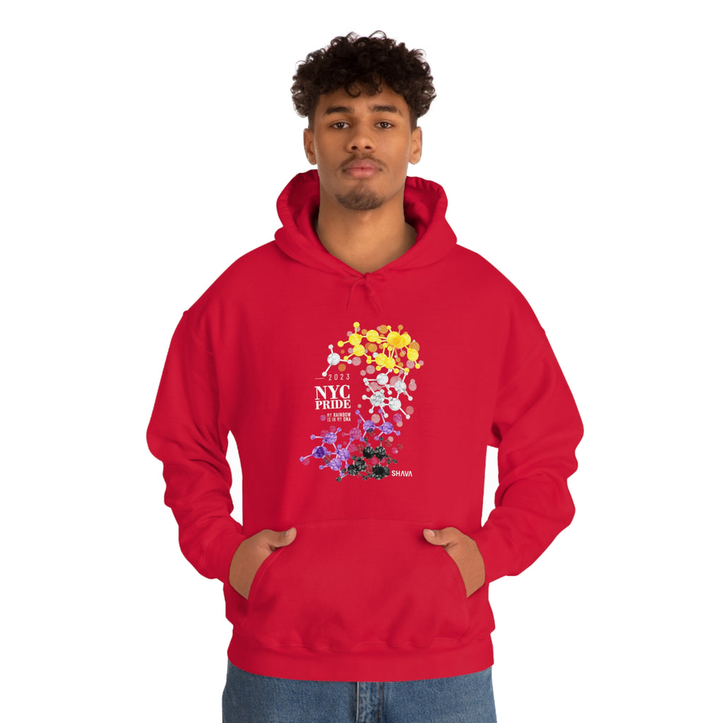 SHAVA CO Non Binary Flag 2023 Pride, New York City Unisex Heavy Blend™ Hooded Sweatshirt - My Rainbow Is In My DNA SHAVA CO