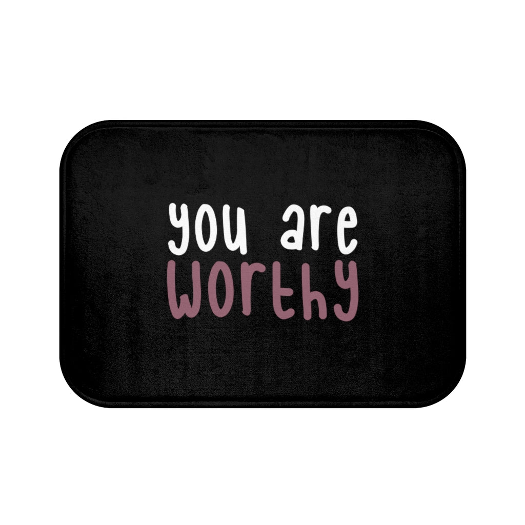 Affirmation Feminist Pro Choice Bath Mat - I Am Worthy (white with pink centered) Printify