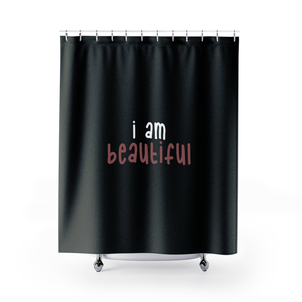 Affirmation Feminist Pro Choice Shower Curtains - I Am Beautiful (white with pink) Printify