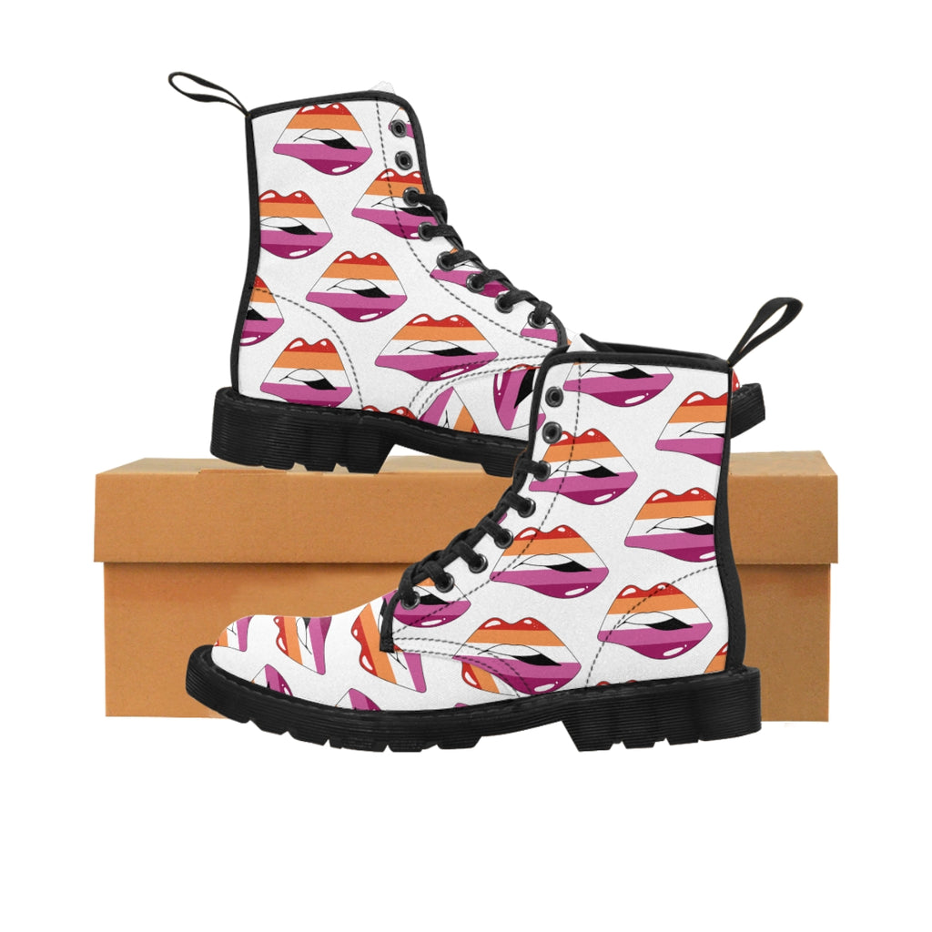 Lesbian Flag Kisses LGBTQ White Canvas Boots Unisex Size Printify