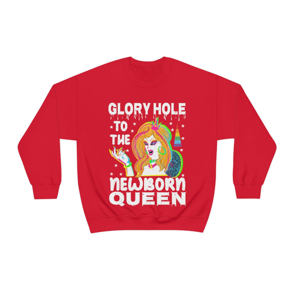 Unisex Christmas LGBTQ Heavy Blend Crewneck Sweatshirt - Glory Hole To The Newborn Queen Printify