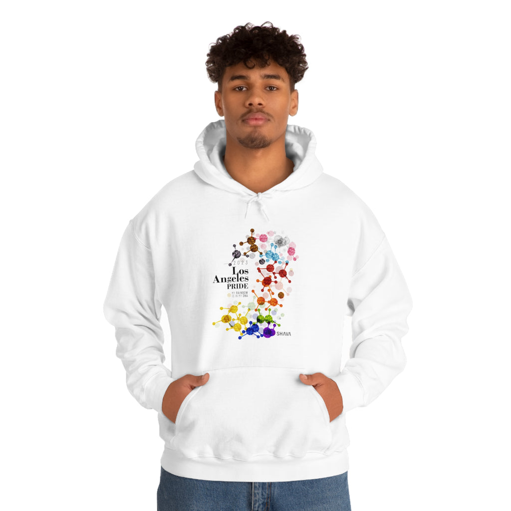 SHAVA CO Progress Flag 2023 Pride, Los Angeles Unisex Heavy Blend™ Hooded Sweatshirt - My Rainbow Is In My DNA Printify