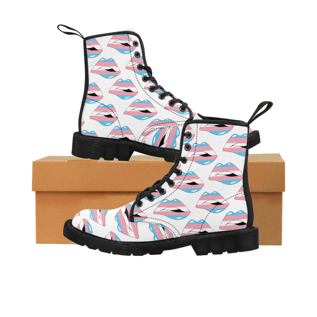 Transgender Flag Kisses LGBTQ White Canvas Boots Unisex Size Printify