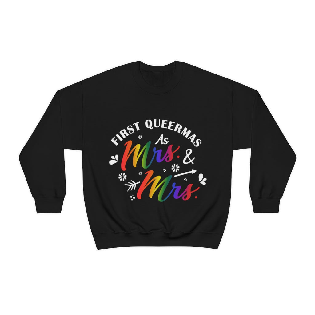 Unisex Christmas LGBTQ Heavy Blend Crewneck Sweatshirt - First Queermas As Mrs. &  Mrs. Printify