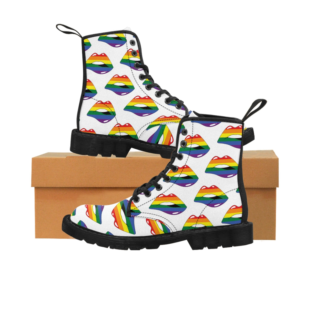 Pride Flag Kisses LGBTQ White Canvas Boots Unisex Size Printify