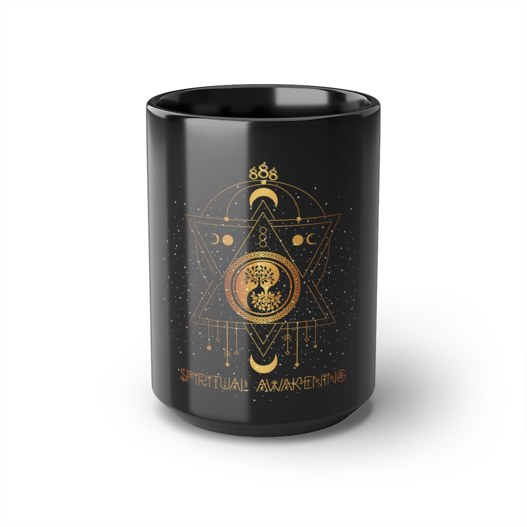 Yoga Spiritual Meditation Black Mug 15 oz - Awakening 888 Angel Number Printify