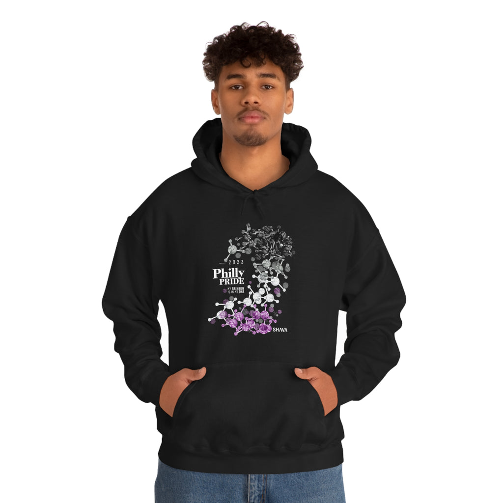 SHAVA CO Asexual Flag 2023 Pride, Philly Unisex Heavy Blend™ Hooded Sweatshirt - My Rainbow Is In My DNA Printify