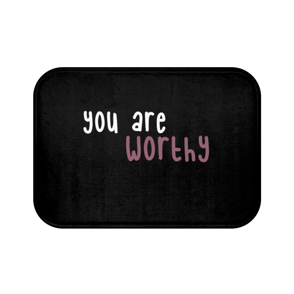 Affirmation Feminist Pro Choice Bath Mat - I Am Worthy (white with pink) Printify