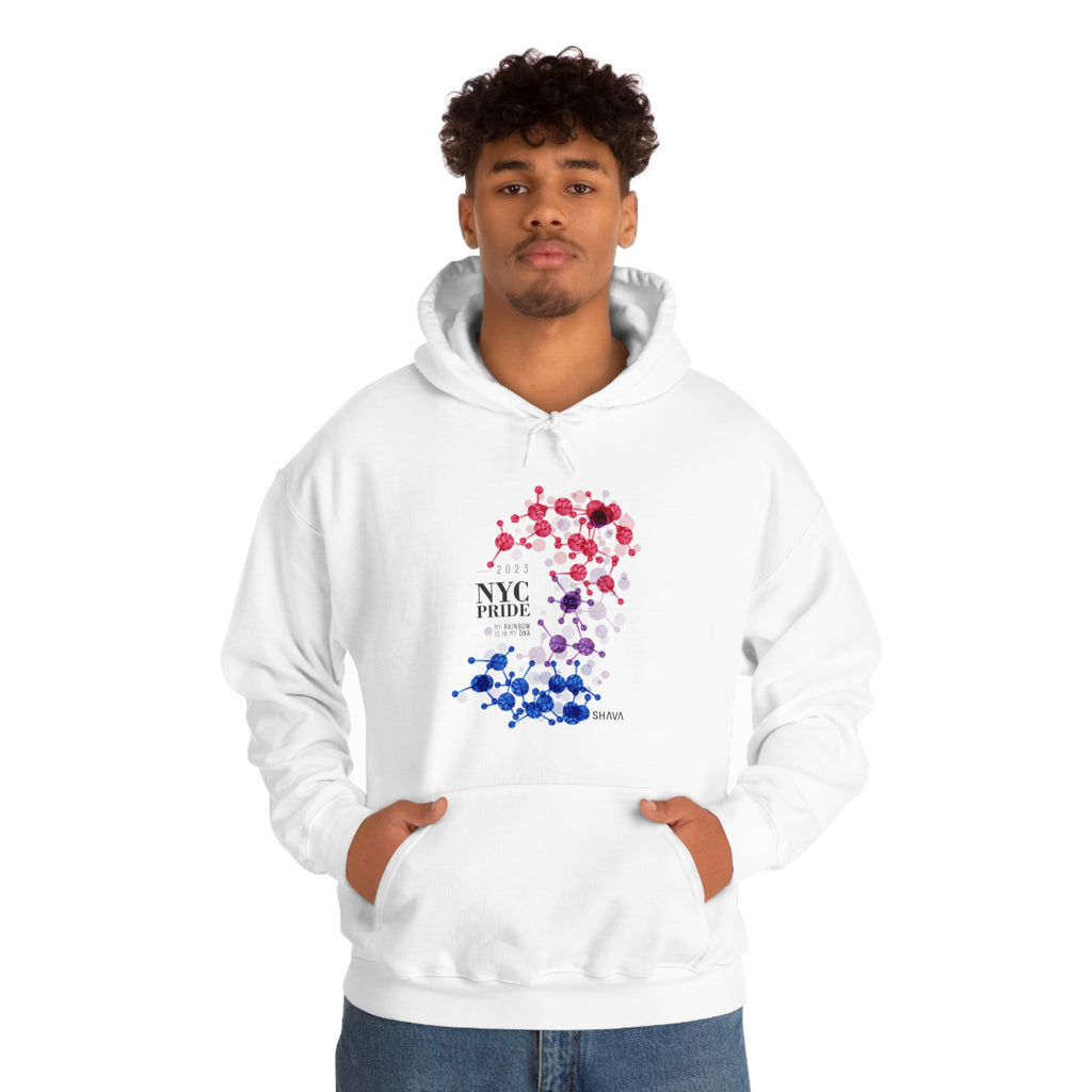 SHAVA CO Bisexual Flag 2023 Pride, New York City Unisex Heavy Blend™ Hooded Sweatshirt - My Rainbow Is In My DNA SHAVA CO