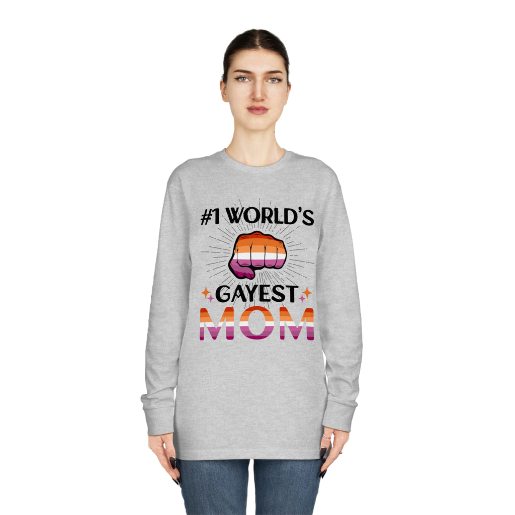 Lesbian Flag Long Sleeve Crewneck Tee - #1 World's Gayest Mom Printify