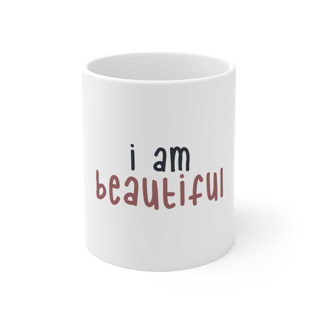 Affirmation Feminist pro choice 11oz White Mug - I Am Beautiful (Pink) Printify