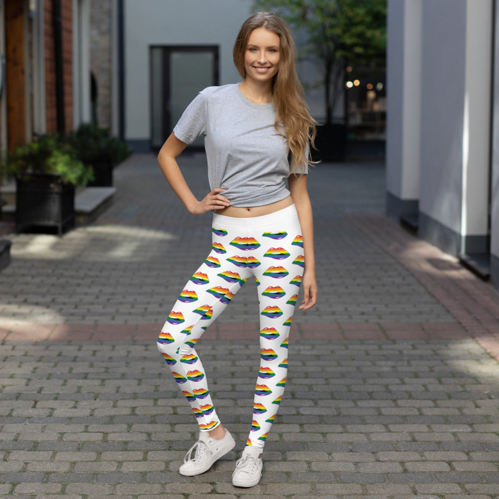 LGBTQ Flag Kisses Leggings for They/Them Him/Her - White SHAVA