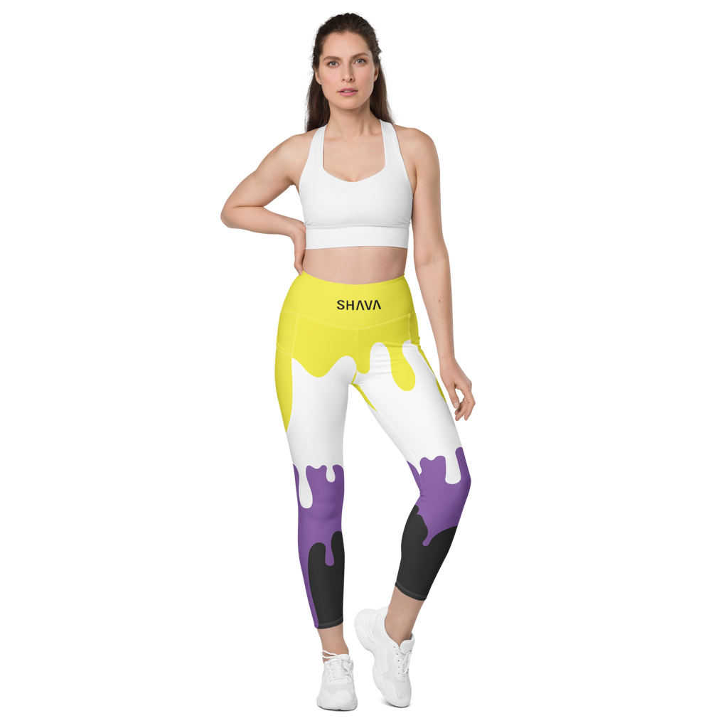 Non Binary Flag Drip LGBTQ Pockets Leggings Women's Size SHAVA