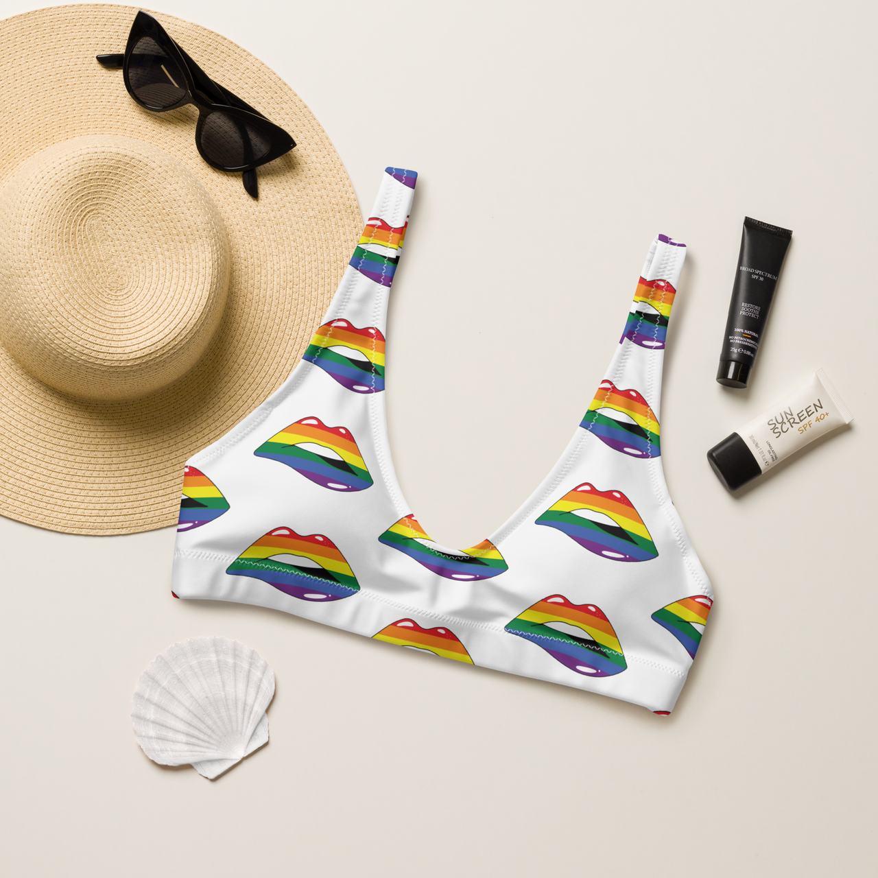 LGBT Flag Kisses Padded Bikini Top for They/Them Him/Her - White SHAVA