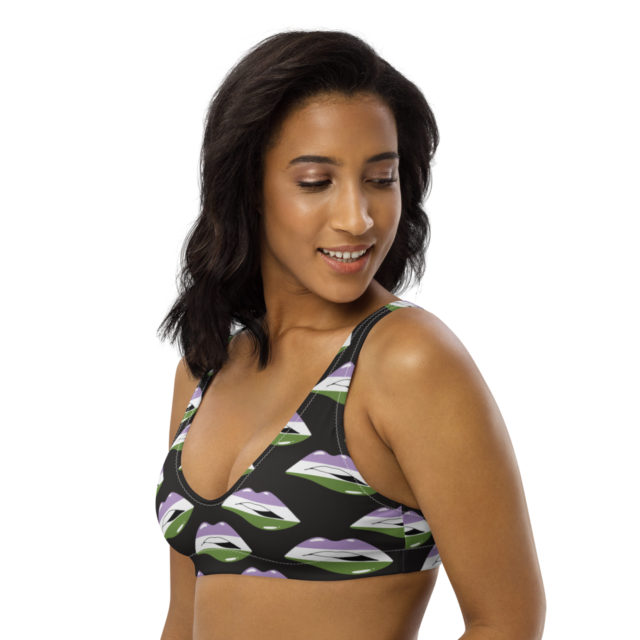 Genderqueer Flag Kisses Padded Bikini Top for They/Them Him/Her - Black SHAVA