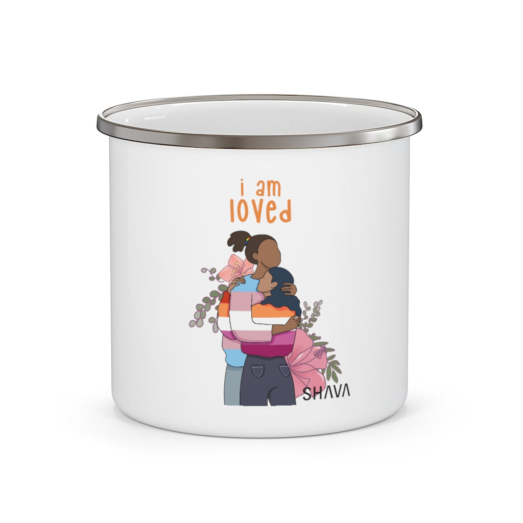 Affirmation Feminist pro choice 12oz Enamel Camping Mug -  I am Loved (Trans and Lesbian) Printify