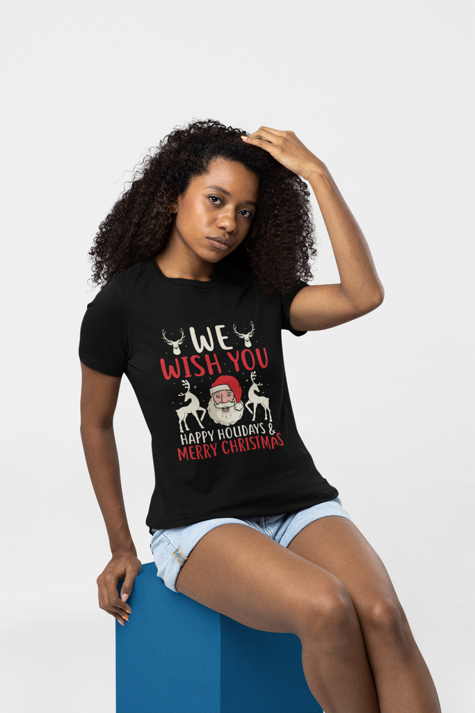 Classic Unisex Christmas T-shirt - We Wish You Happy Holidays & Merry Christmas Printify