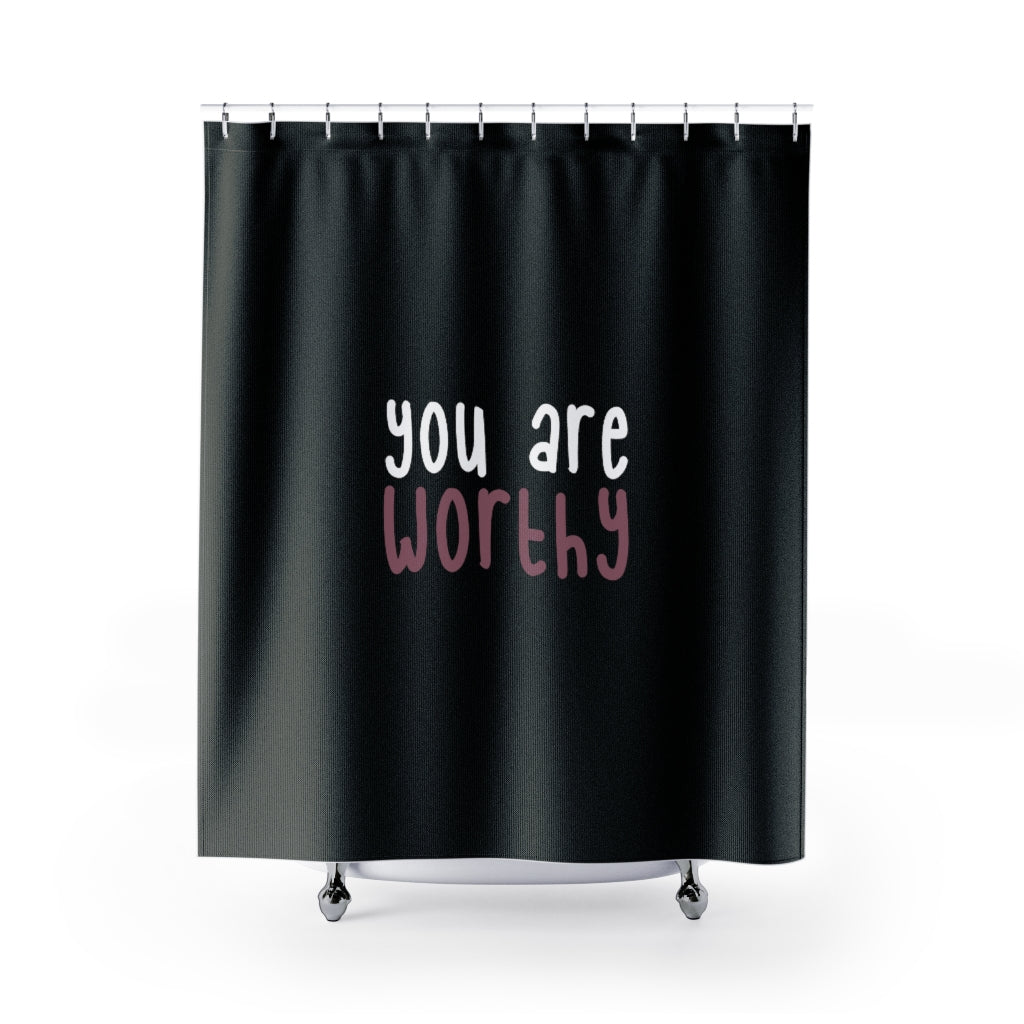 Affirmation Feminist Pro Choice Shower Curtains - I Am Worthy (white with pink centered) Printify