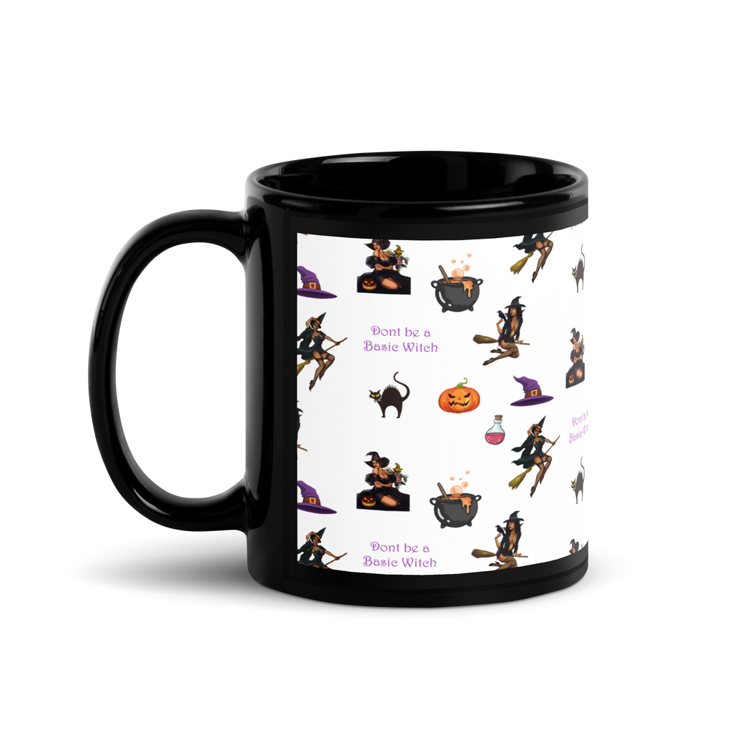 Halloween Black glossy mug, Halloween All Over Print Coffee Mug/Don't be a Basic Witch SHAVA