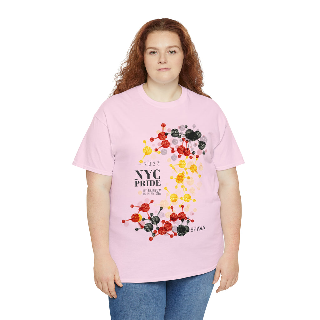 SHAVA CO Rubber Flag 2023 Pride, NYC Unisex Heavy Cotton Tee - My Rainbow Is In My DNA Printify