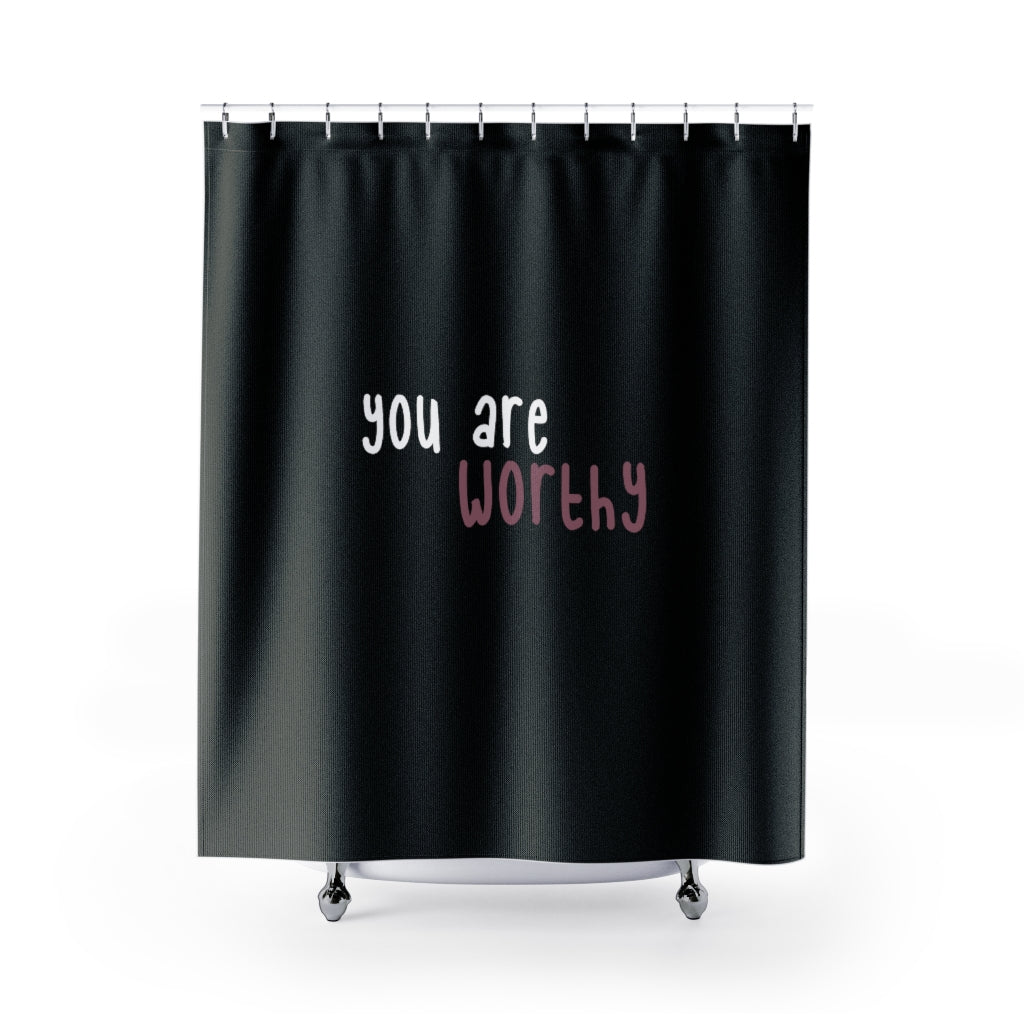 Affirmation Feminist Pro Choice Shower Curtains - I Am Worthy (white with pink) Printify