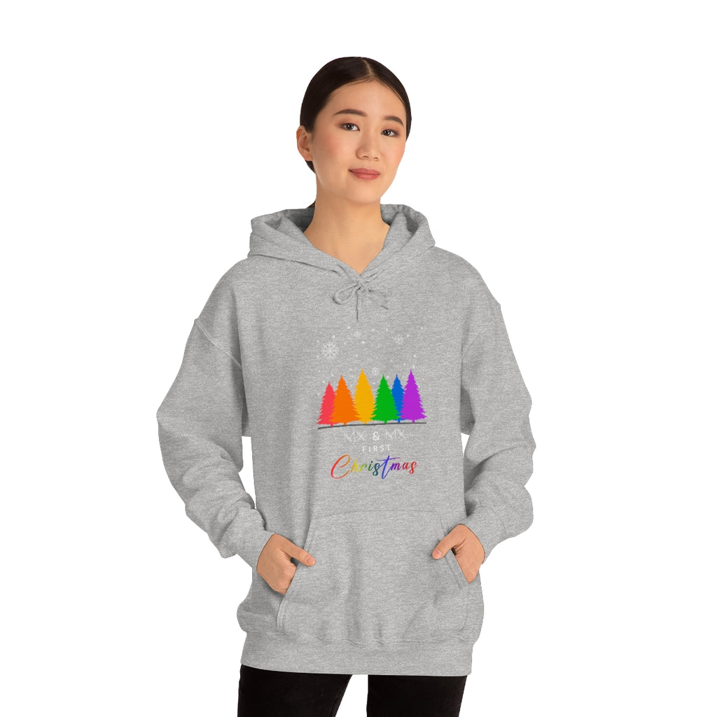 Unisex Christmas LGBTQ Rainbow Tree Heavy Blend Hoodie - Mx & Mx First Christmas Printify