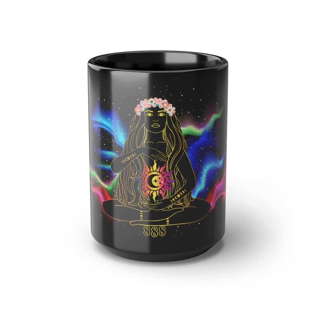 Yoga Spiritual Meditation Black Mug 15 oz - Balance 888 Angel Number Printify